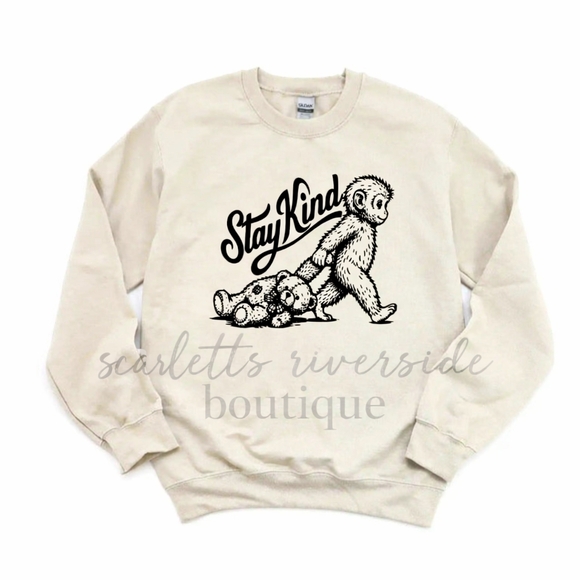 Gildan Tops - Gildan Cream Crewneck Sweatshirt with Black "Stay Kind" Monkey Graphic